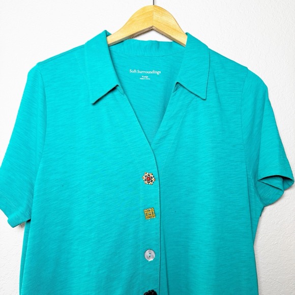 Soft Surroundings Danielle Button Dress XL Teal Asym Hem Pocket Casual Comfy - Picture 8 of 11